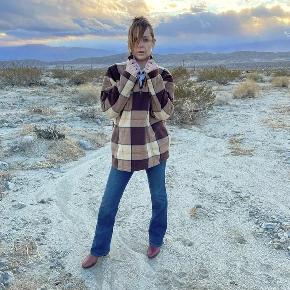 Lauren Ralph Lauren brown plaid 3/4 zip warm oversized pullover sweater,  unisex